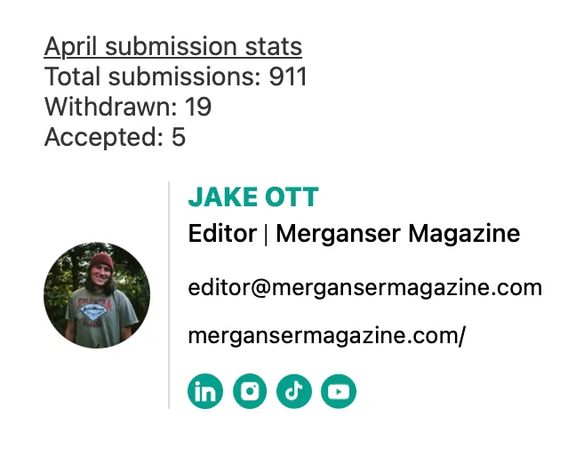 Statistics from The Merganser showing five accepted poems from 2,583 submissions