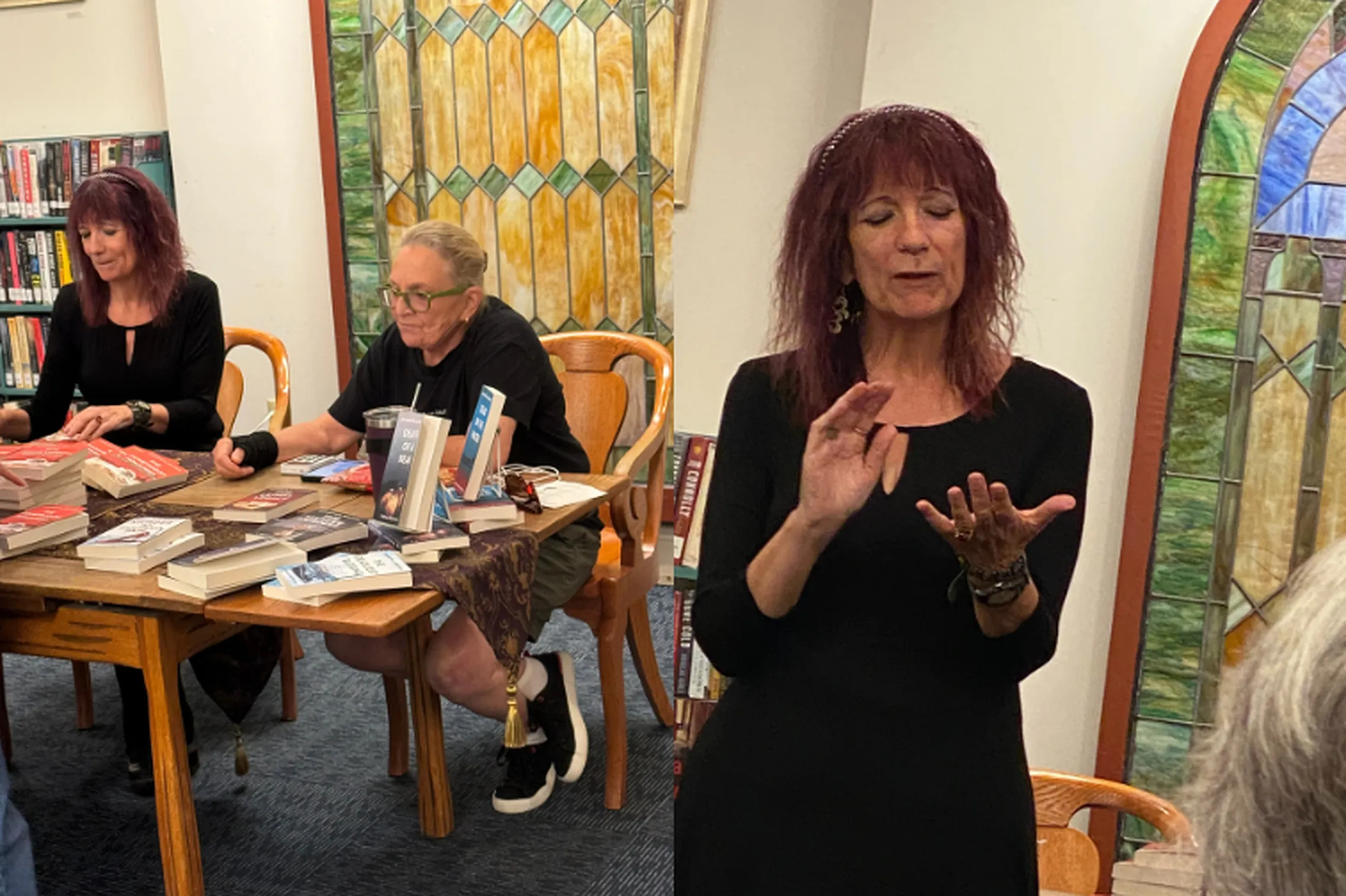 Jeannette de Beauvoir presenting beside her books.